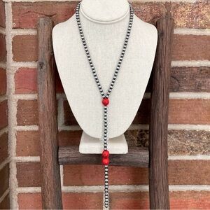 Navajo Style Pearl Lariat Necklace with Red Accents